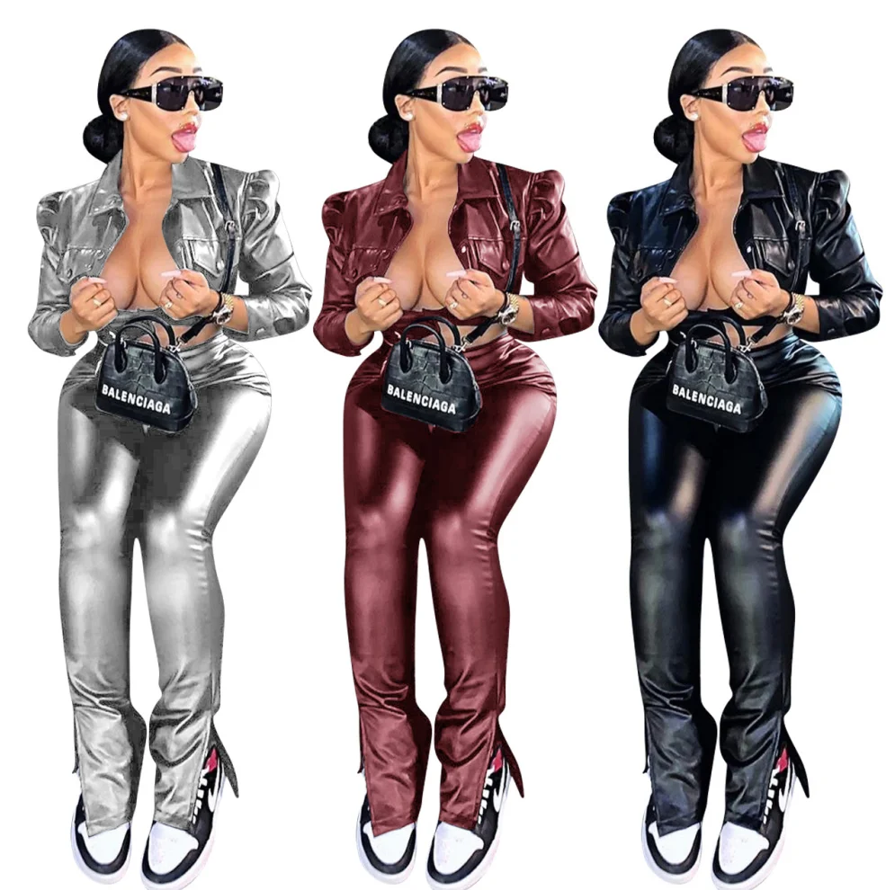 Sexy PU Two Piece Pants Set Fashion Fall Winter Women Leather Jacket Pants 2 Piece Set