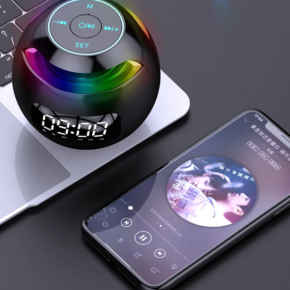 Mini Ball portable speaker Color light Alarm clock BT 3D Stereo Bass speaker with LED time screen speaker HD sound