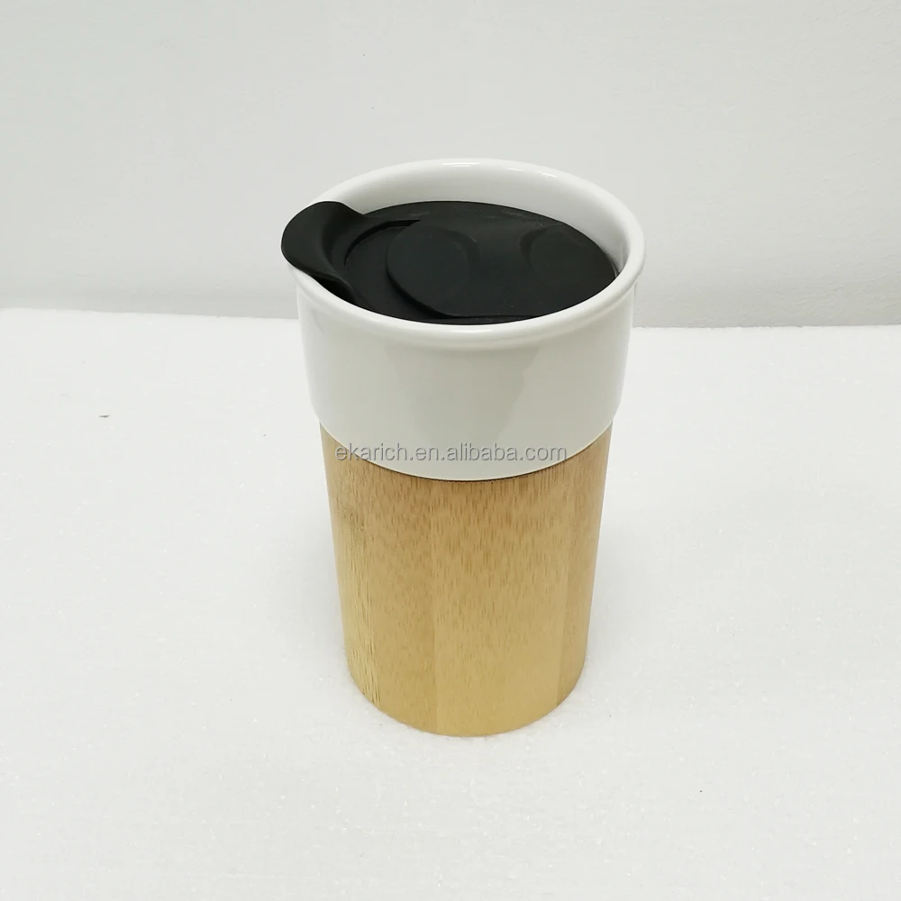 Natural Ecofriendly ceramic cup with bamboo base American Style Bamboo Coffee Tumbler Novelty Mug with Bamboo Sleeve and Lid