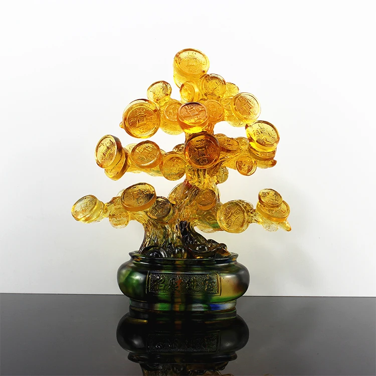 Feng Shui Lucky Fortune Money Tree Craft Liuli Crystal Chinese Multicolor 250*130*280mm Glass Gift Packaging Sculpture Folk Art