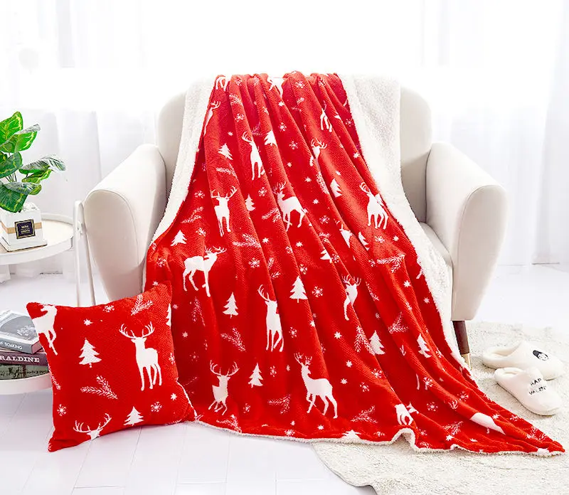 Factory Supply Cozy Sherpa Flannel Fleece Throw Blanket Super Soft Christmas Snowflake Print Modern Plaid Style Double Size