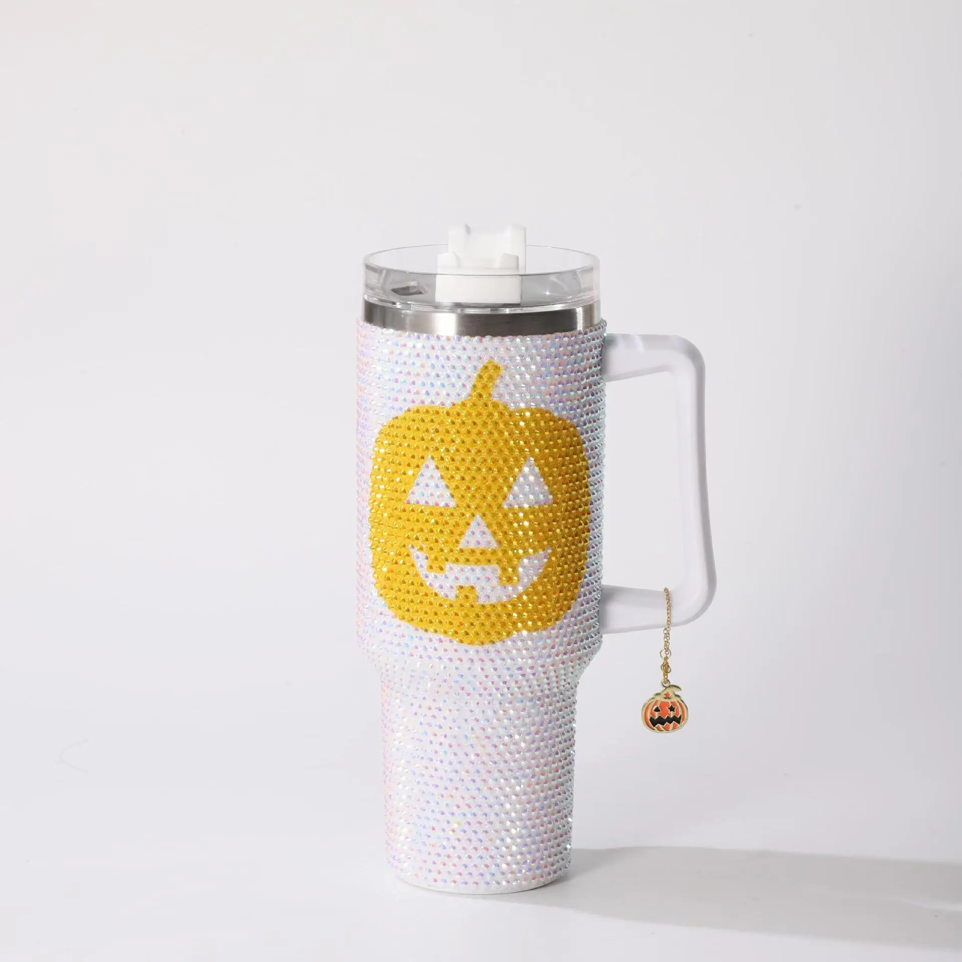 New Design Halloween Pumpkin Pattern 40oz Bling Diamond Rhinestone Tumbler Double Wall Stainless Steel Coffee Mug with Handle