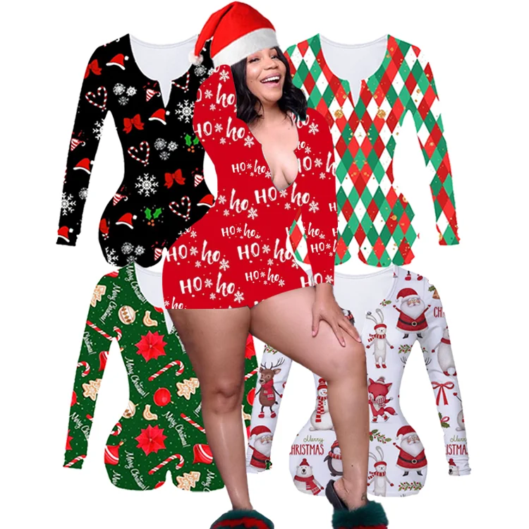 2022 Christmas Onesie Pajamas Custom Print Adult Onesie  Women Long Sleeve Blank Christmas Pajamas Onesie Jumpsuit Pajamas