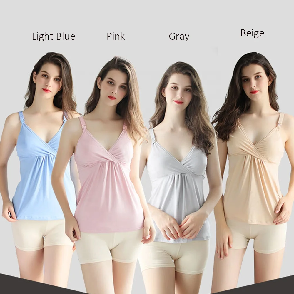 Maternity Nursing Tops Solid Color Modal Pregnancy Clothes Pregnant Women Sleeveless Breastfeeding Sleepwear with Built-in Bra
