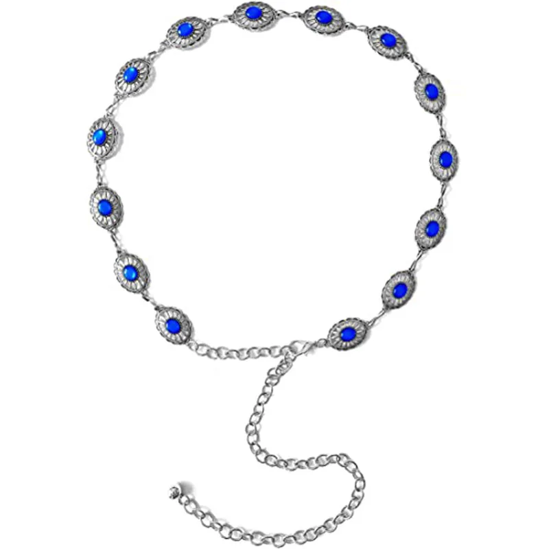 Fashion Adjustable Metal Silver Oval Flower Turquoise Woman Belt Chains Western Concho Gold Waist Chain Belts For Ladies