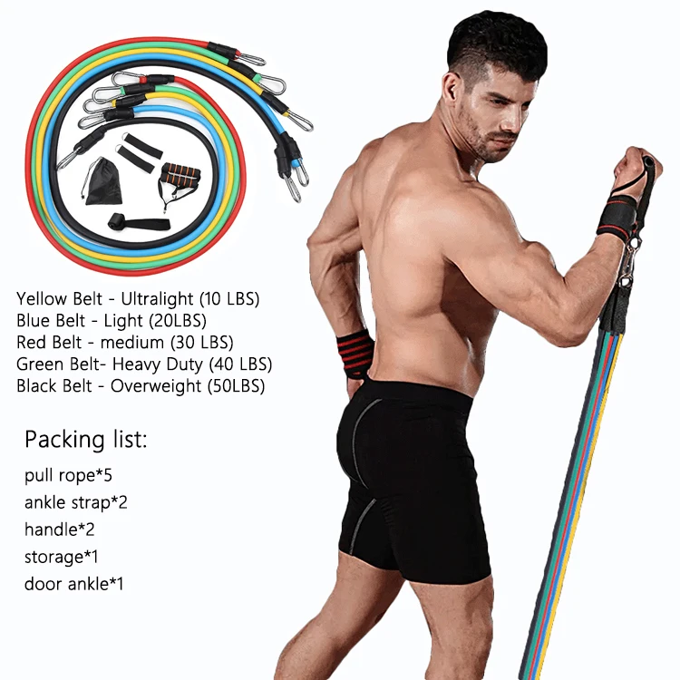 High Quality 11Pcs Latex Resistance Bands Set  Exercise Workout Fitness gym Elastic rubber tube