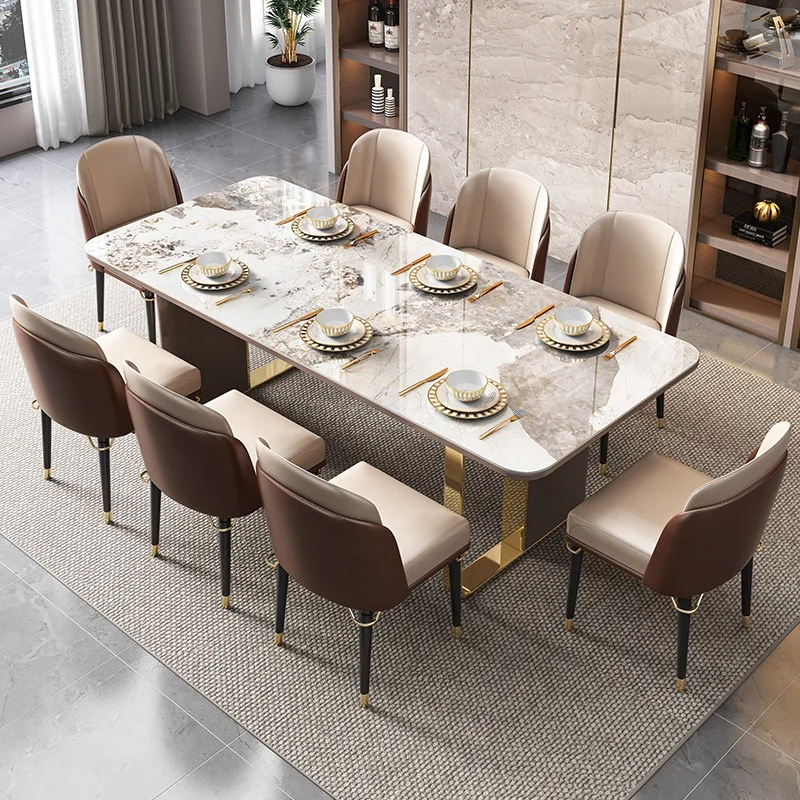 Nodic Marble Design Rectangle Home Furniture Dinning Table Meeting Room Office Desk Sintered Stone Top With Gold Metal Base