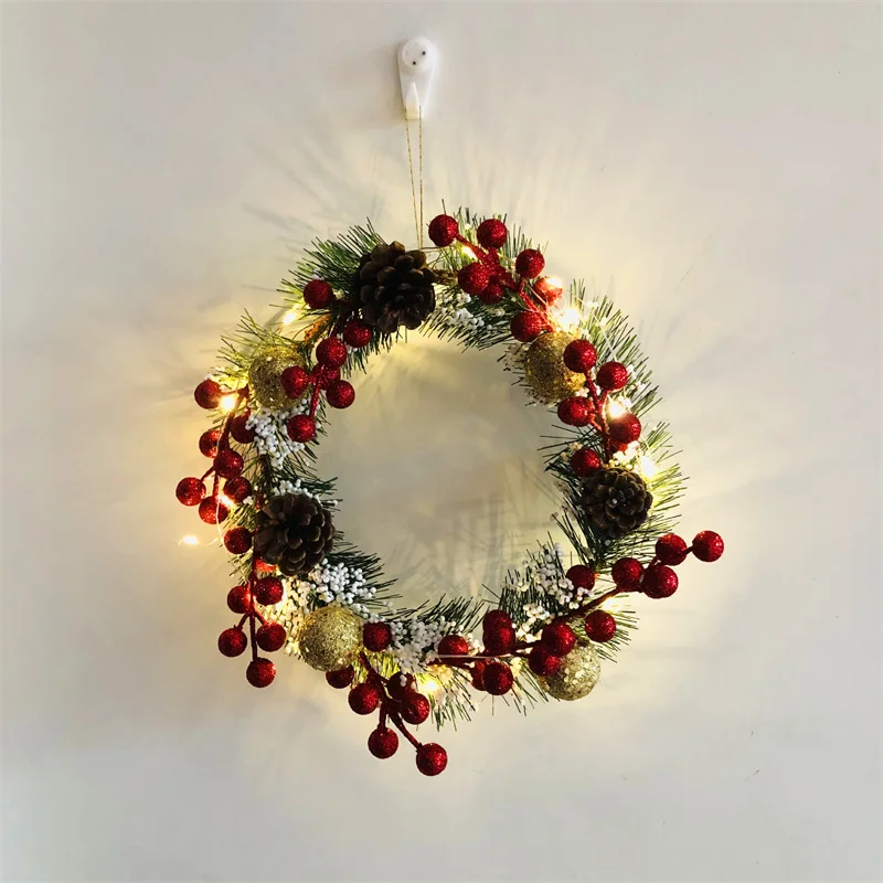 Spruce Wreath with Silver Bristles Cones Red Berries Warm White LED Lights with Timer Christmas Wreath