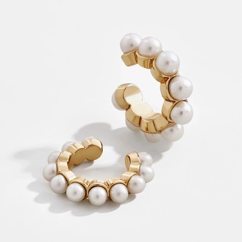 High quality gold plated statement ear cuff earrings jewelry geometric C shape pearl cuff earring for women