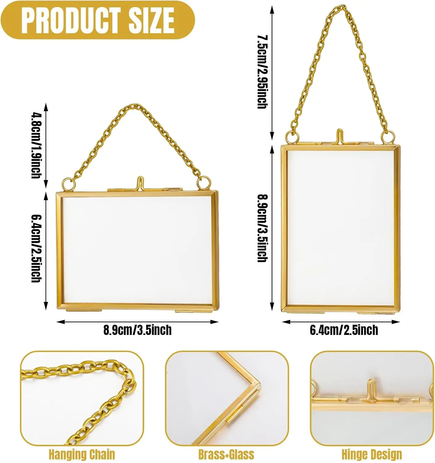 Glass Frame for Pressed Flowers 3.5 X 2.5 Inch, Double Floating Picture Frames Brass Hanging Photo