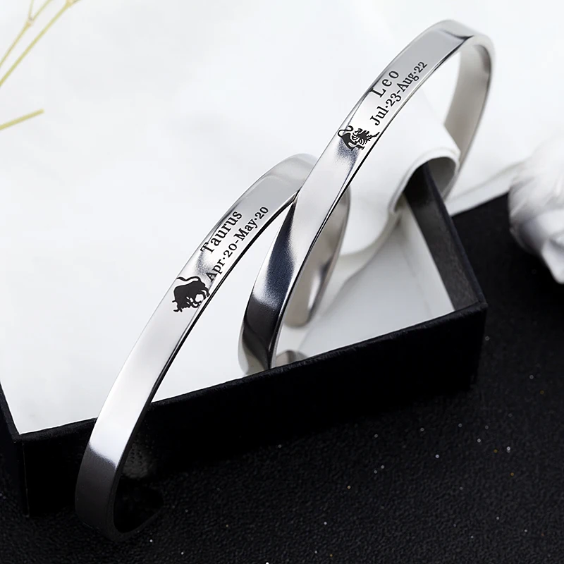 European fashion steel color Zodiac signs Engraved Stainless Steel Bracelet Bangles for Women Men