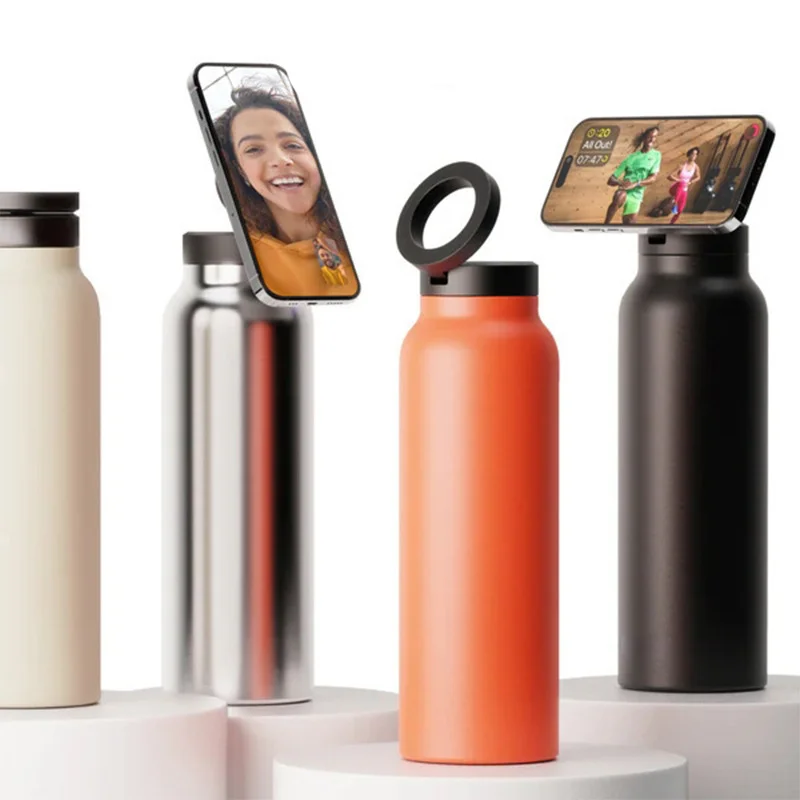 2024 New gym sports thermos phone magnet holding metal thermal flask 25oz 750ml water bottle with magnetic cell phone holder