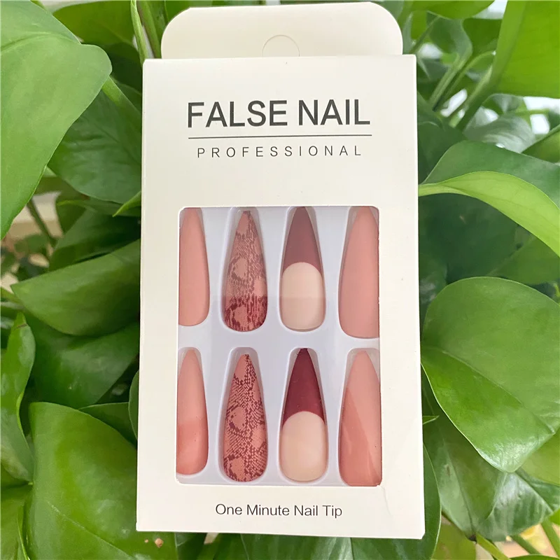 
wholesale reusable luxury fashion matte snake pattern printing long coffin ballerina press on nails 