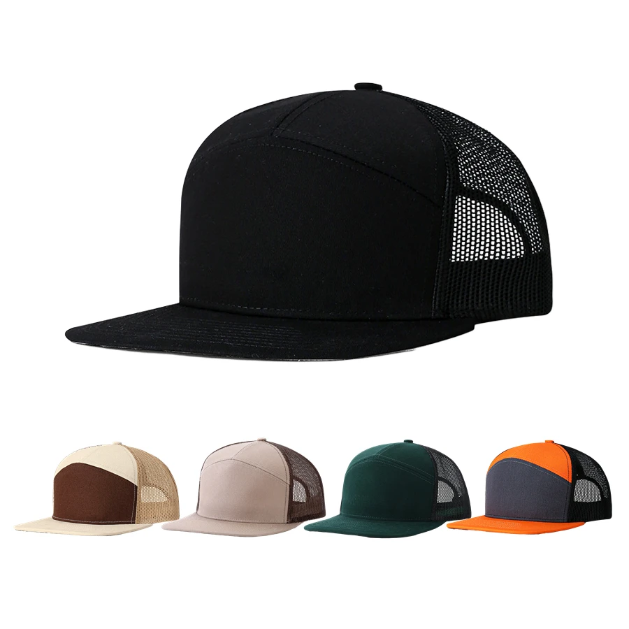 FF929 Custom Embroidered Mesh Trucker Hat Adjustable Blank Plain Sports Caps 7 Panel Flat Brim Snapback Baseball Cap