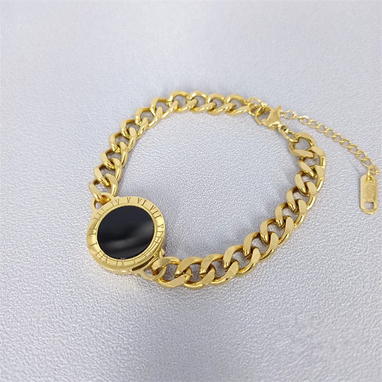 Wholesale Personalized Fashion Titanium Steel Thick Chain Bracelet Black Crystal Roman Numerals Bracelet