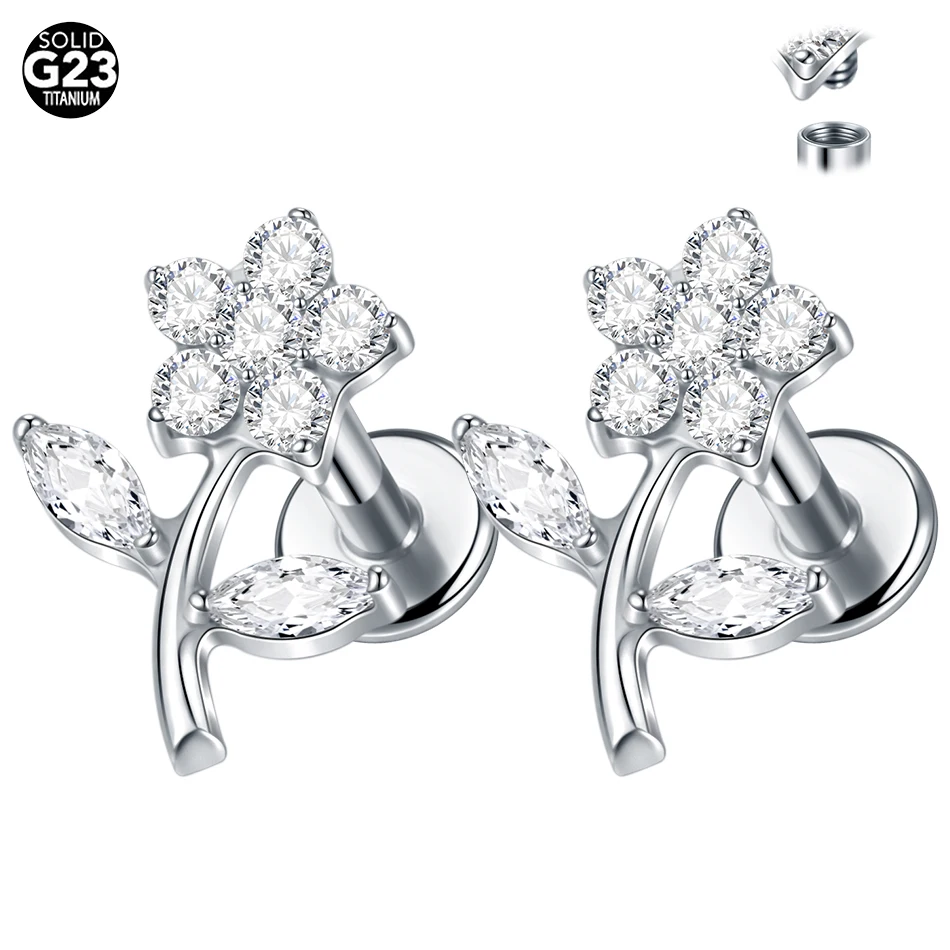 Lingchee Titanium Piercing Stud Earrings for Women Flower 16G CZ Tragus Cartilage Helix Conch Ear Stud Body Jewelry