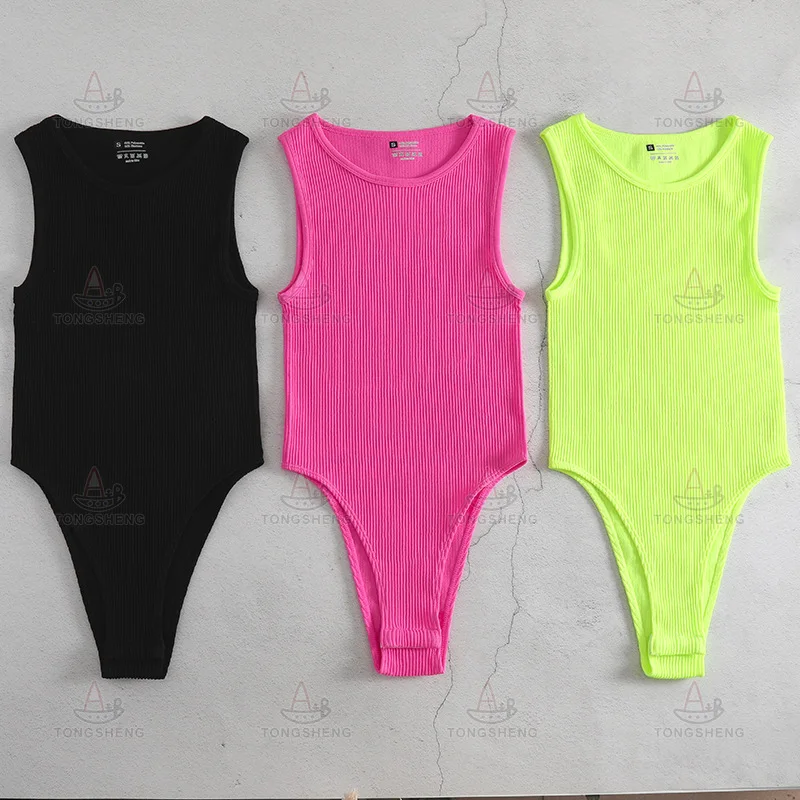 High Quality Nylon Custom Logo Ribbed Crew Neck Sleeveless Womens Jumpsuit Bodysuit For Women