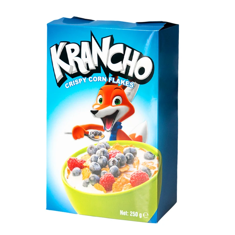Wholesale custom luxury cartoon snack cookies crispy corn flakes food packaging paper card box with logo printed