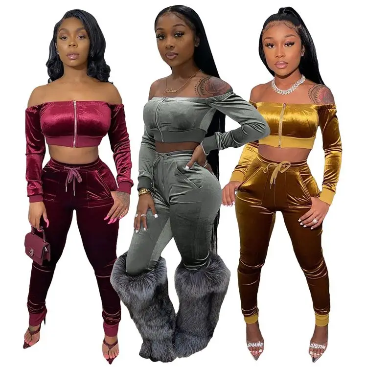 Velvet Two Piece Tracksuit Sexy Off Shoulder Women Winter Two Piece Outfits Two Piece Pants Set Velvet Clothing Sweatsuit Women