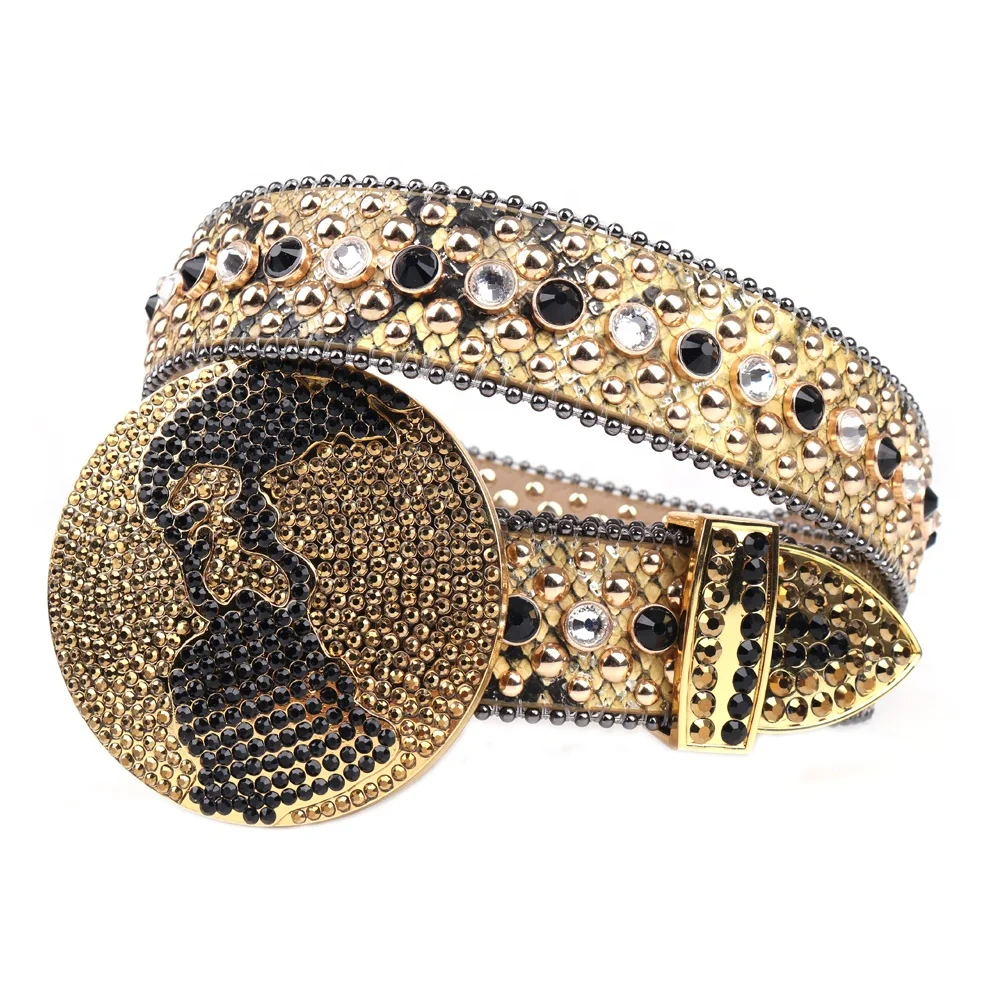 Latest Style Western Big World Round Buckle Gold Bling Bling Rhinestone Belt Men Women Fancy Studded Leather Belts