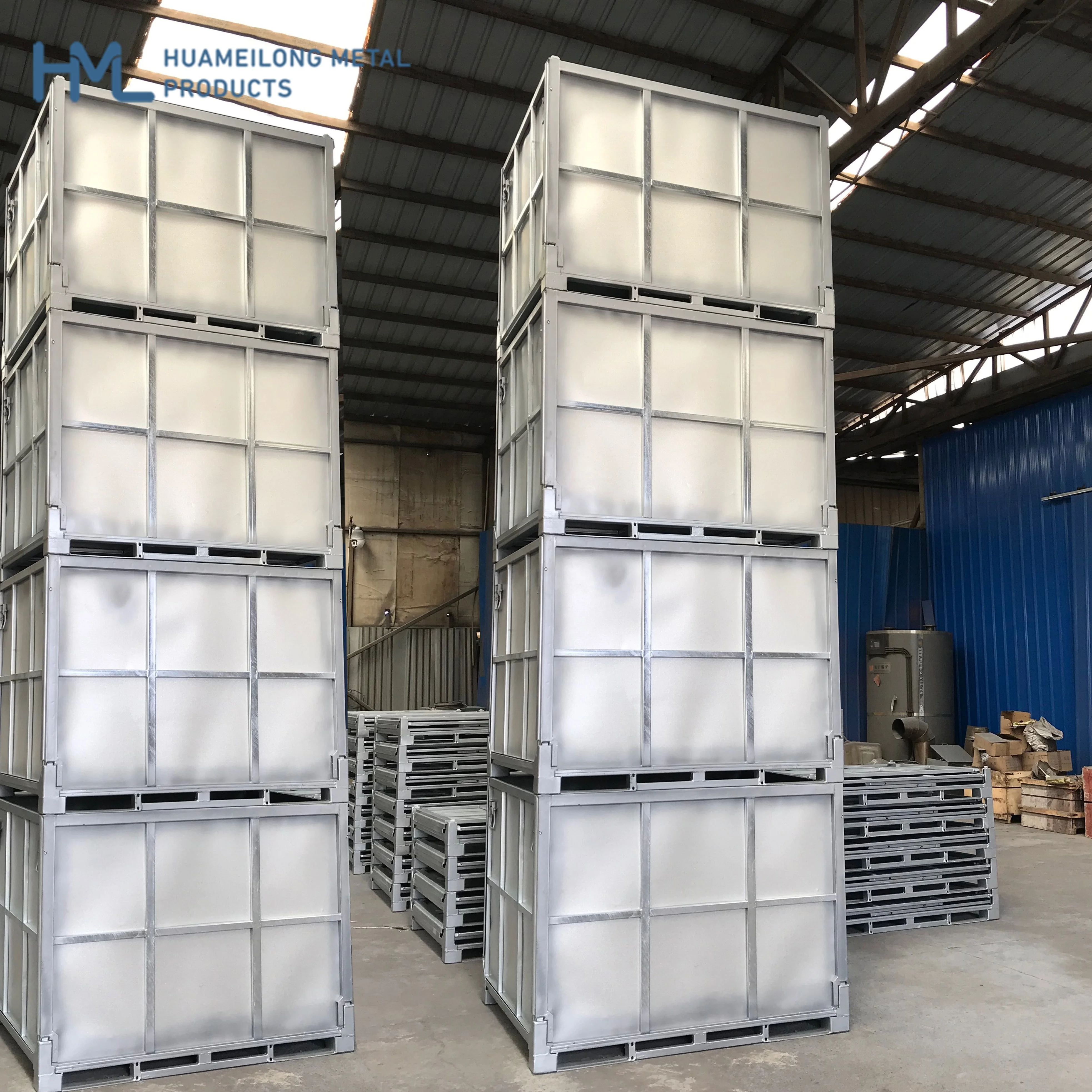 Stacking folding synthetic rubber transport and storage steel metal crates