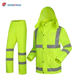 High Visibility Reflective Security Rain Jacket Hi Vis Safety Motorcycle Raincoat Hooded Waterproof Rainsuit
