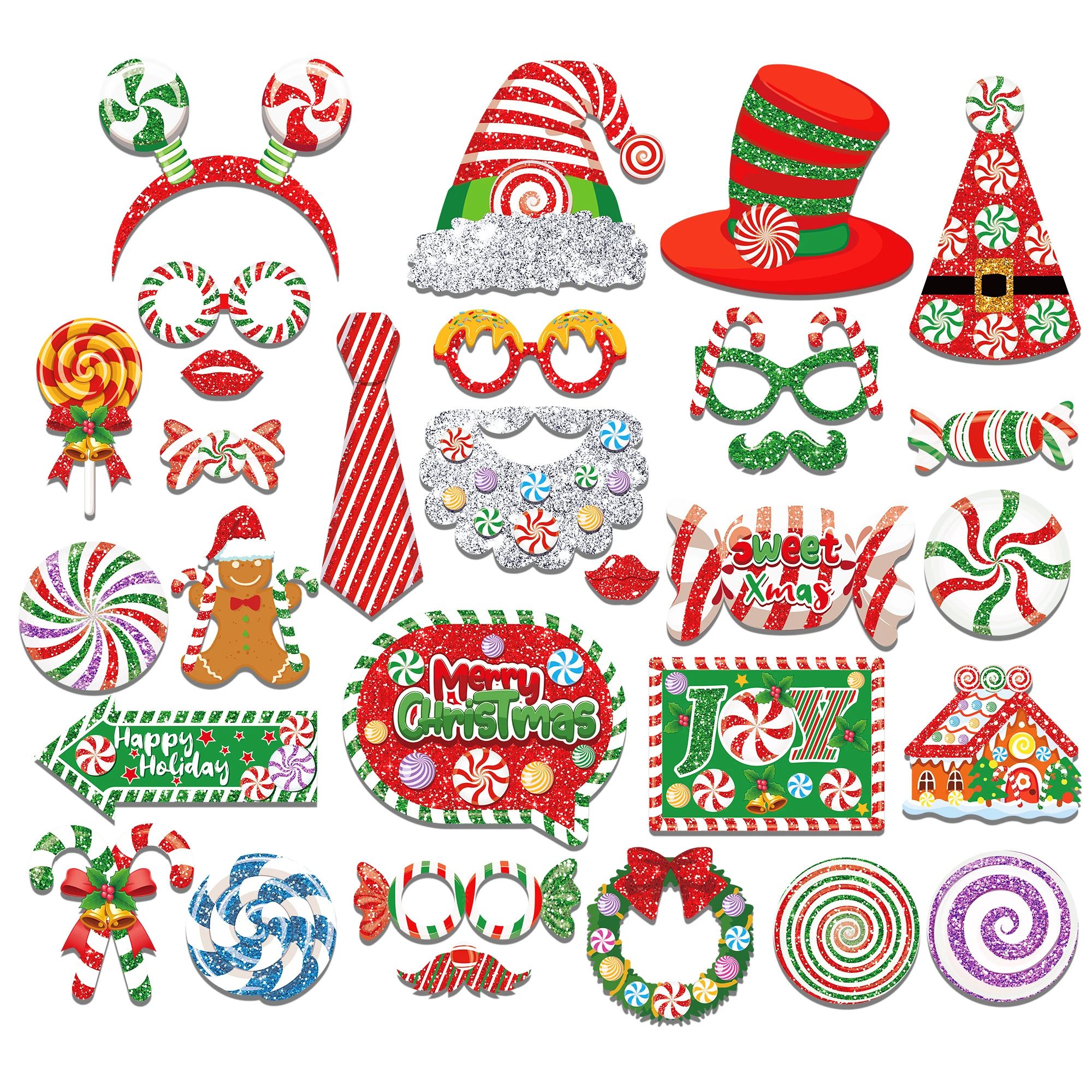 PZ293 Christmas Photo Booth Props Kit Snowman Flash Candy Photo Props Christmas Holiday Party Supplies
