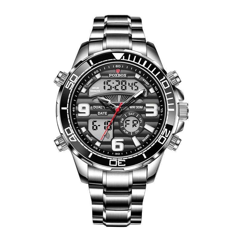 Foxbox 0007 Top  All Steel  Waterproof Clock Luxury Sport Quartz Wristwatch For Men Digital Mens Business Fashion Watches