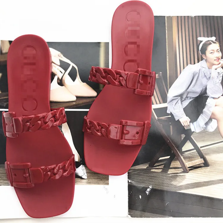 
2021 Wholesaler girls summer beach flat jelly shoes female open toe flat slippers G CC Belt buckle one-piece shoes for women 