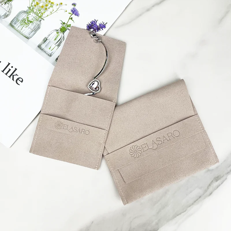 Custom Low MOQ Luxury Fold Small Suede Velvet Gift Envelop Pouch with Leather Drawstring Fashion Jewelry Bag