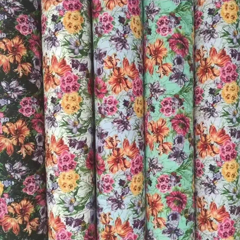 Wholesale High Quality 100%polyester Fabric Roll Popular Floral Silk Screen Prints Satin Crepe 4-Way-Stret Fabric For Garment
