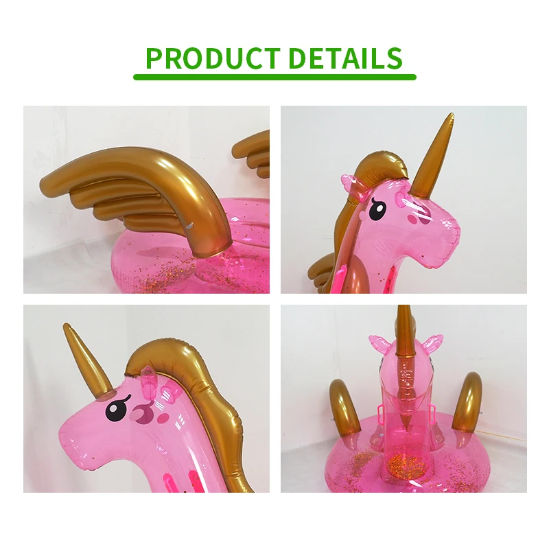 Inflatable island water pool floating unicorn shape with wings and glitter ride-on pink Pegasus pool float with handles