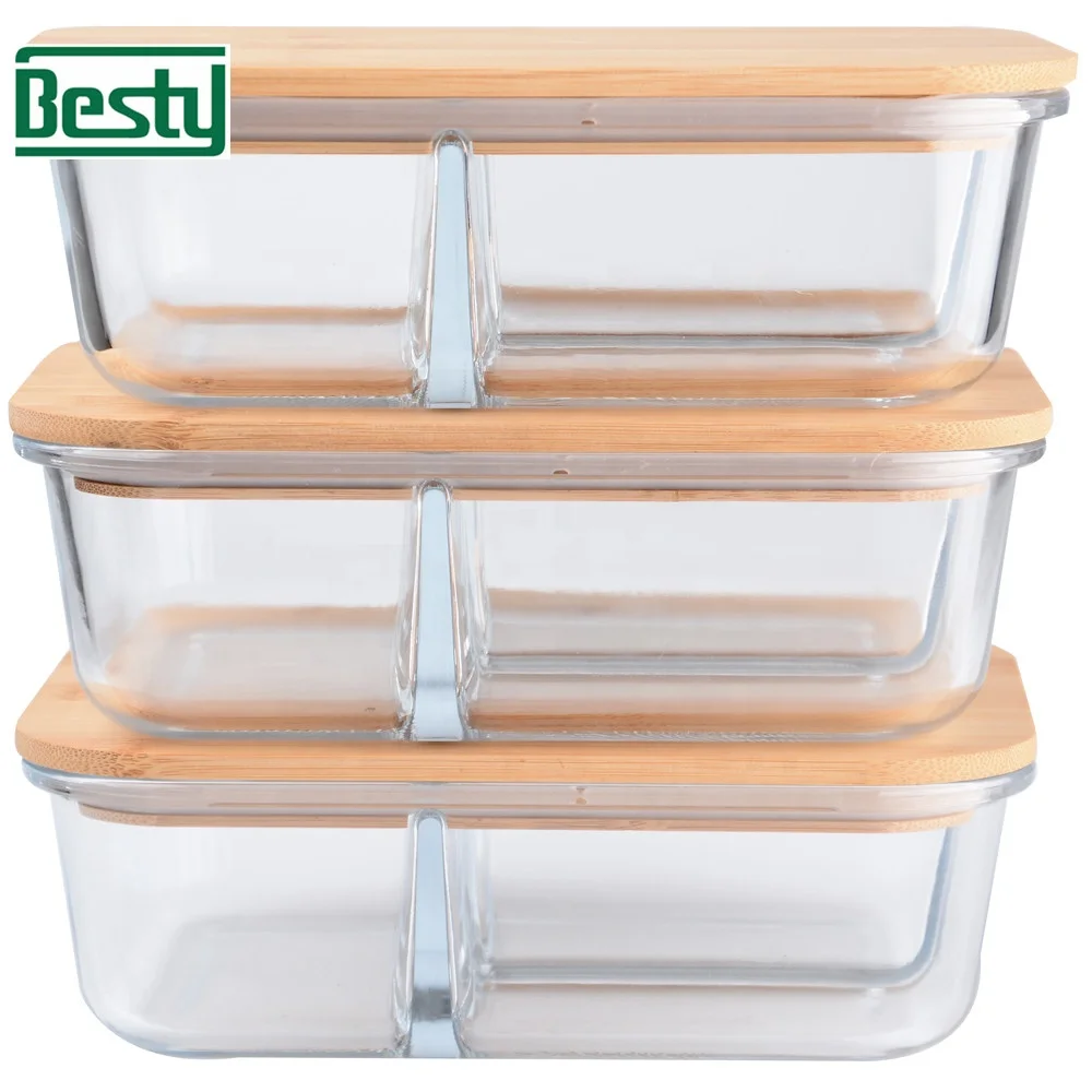 meal prep Bamboo Lid compartment Glass Food Storage container glass Lunch Box