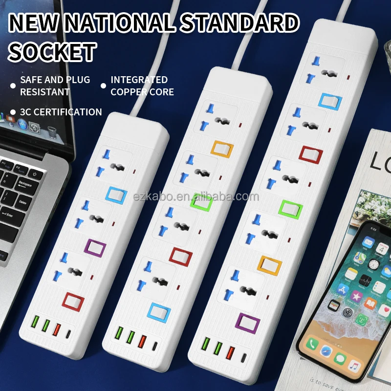 EZKABO Maunfactury Multiple Electrical Extension Socket 5 Way 3 USB 1 Type C Power Socket For Sale