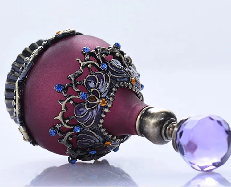 25ml Arab Antique Metal Alloy Purple Perfume Bottle Empty Glass Essential Oil Attar Bottle
