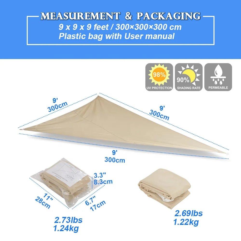 
Triangle Patio Sun Block Shade Sail 3x3x3m Waterproof Tarps Canopy LED Sun Shade Sails for Outdoor Garden 