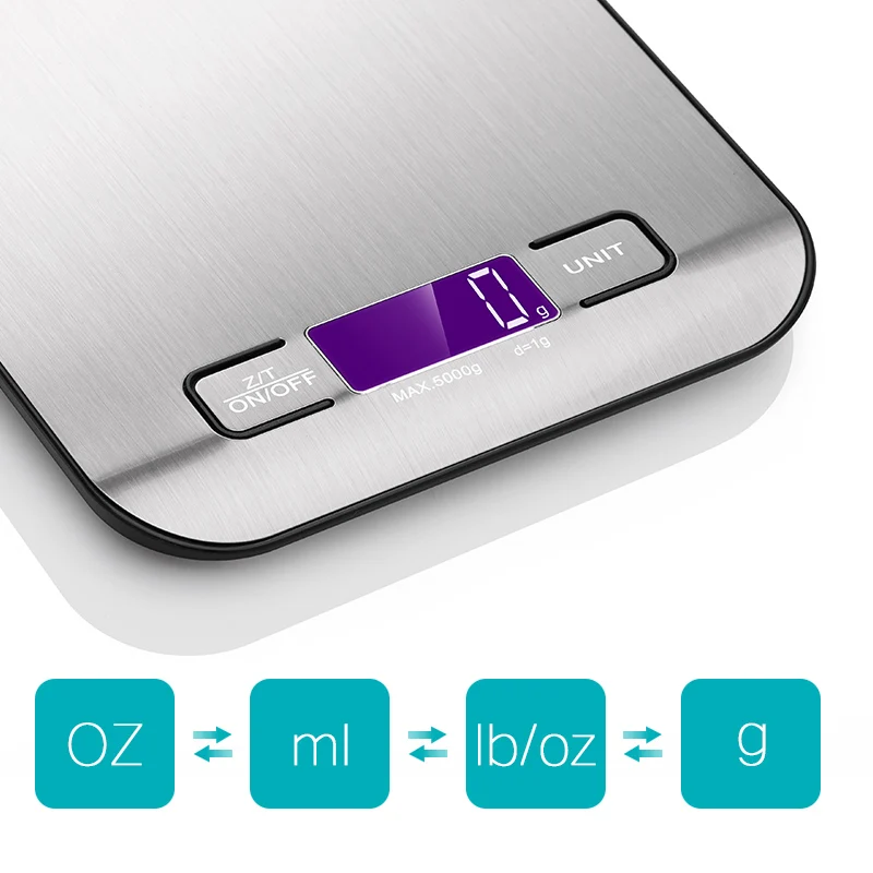 Amazon Hot Sell Bascula Cocina Multifunction Smart Scale Custom 5 kg Stainless Steel Digital Weighing Kitchen Scales for Food