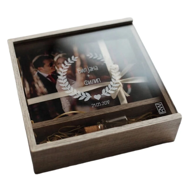 4*6 inch Wood USB Memory Box with Acrylic Lid and Flash Drive Engraved Gift Box for Photographers Wood Wedding Photo Box