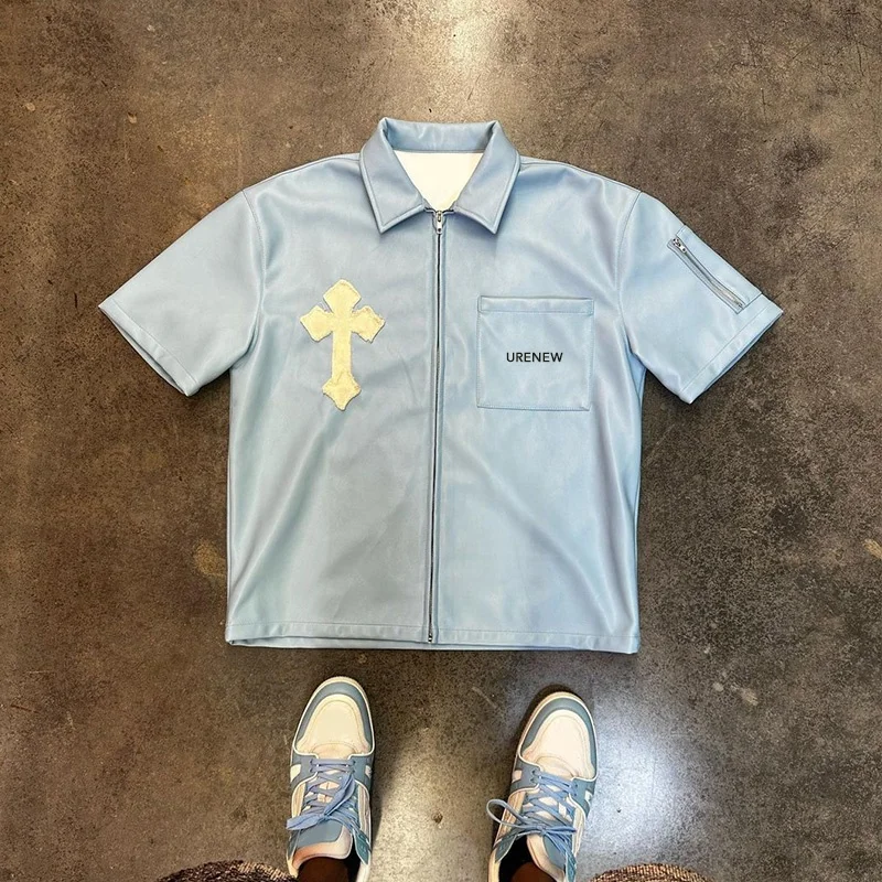 Custom Applique Logo Blue Lining Short Sleeves Button up Chest Flap Pockets Men Pu Leather T-Shirts