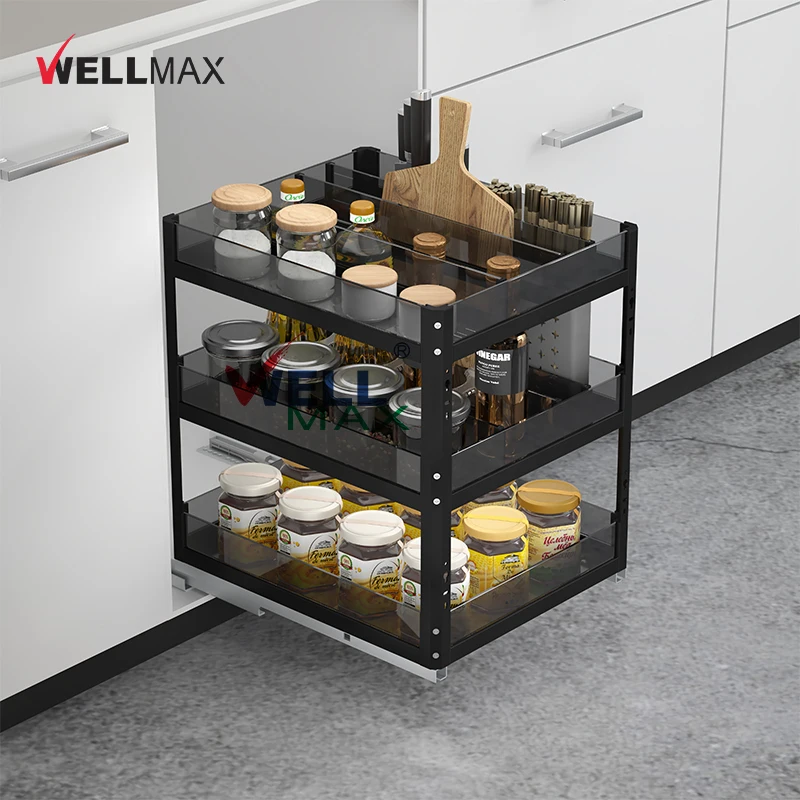 WELLMAX Multifunctional Glass Sliding Spice Drawers Basket Hardware Accessories Pull Out Storage Rack Kitchen Cabinet