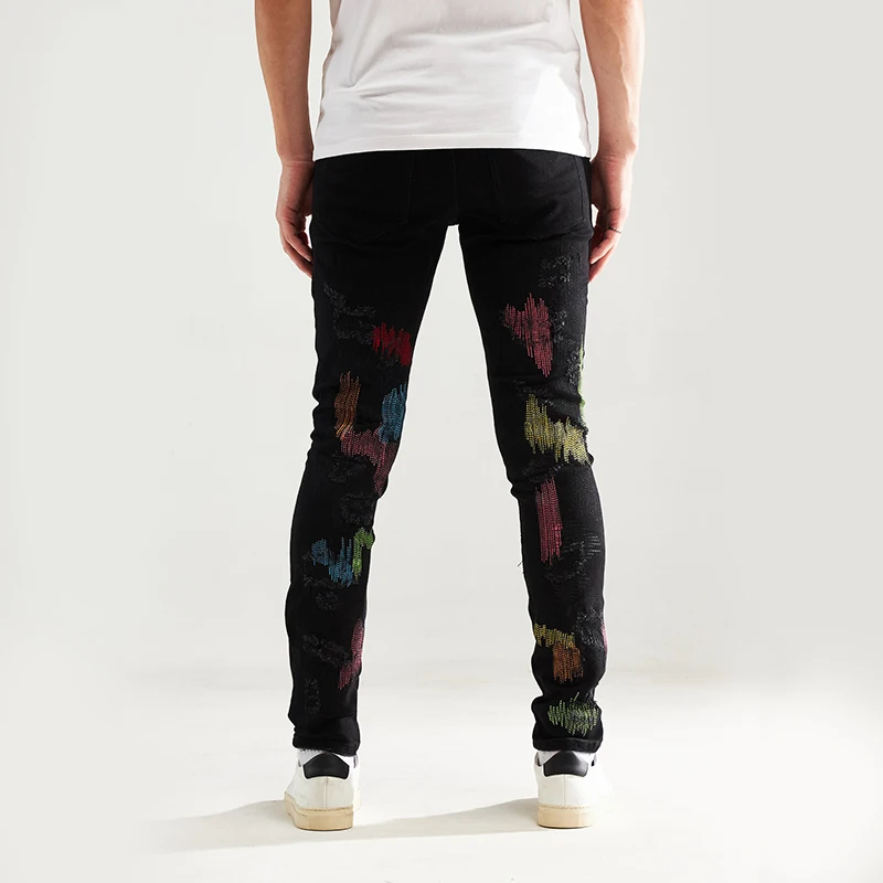 DiZNEW Plus Size Pocket Jeans Denim Factory Custom Fashion Men High Quality Man Jeans Black Beading Rhinestone Jeans For Man