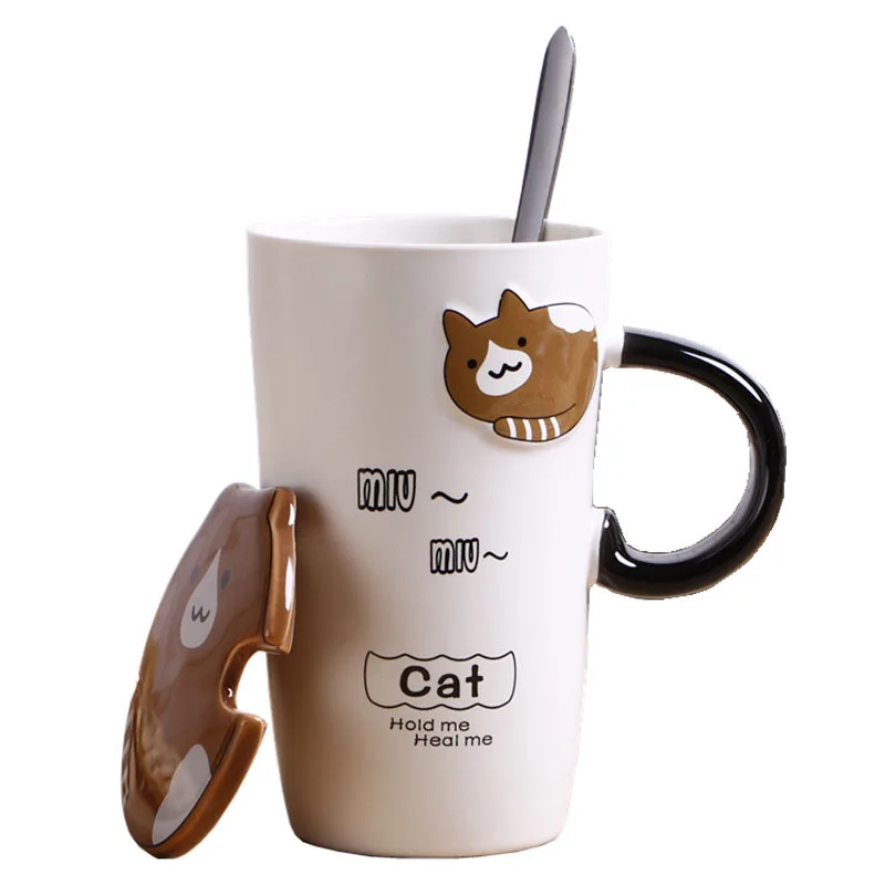 Креативная мультяшная керамическая кофейная кружка с тисненым котом с крышкой и ложкой