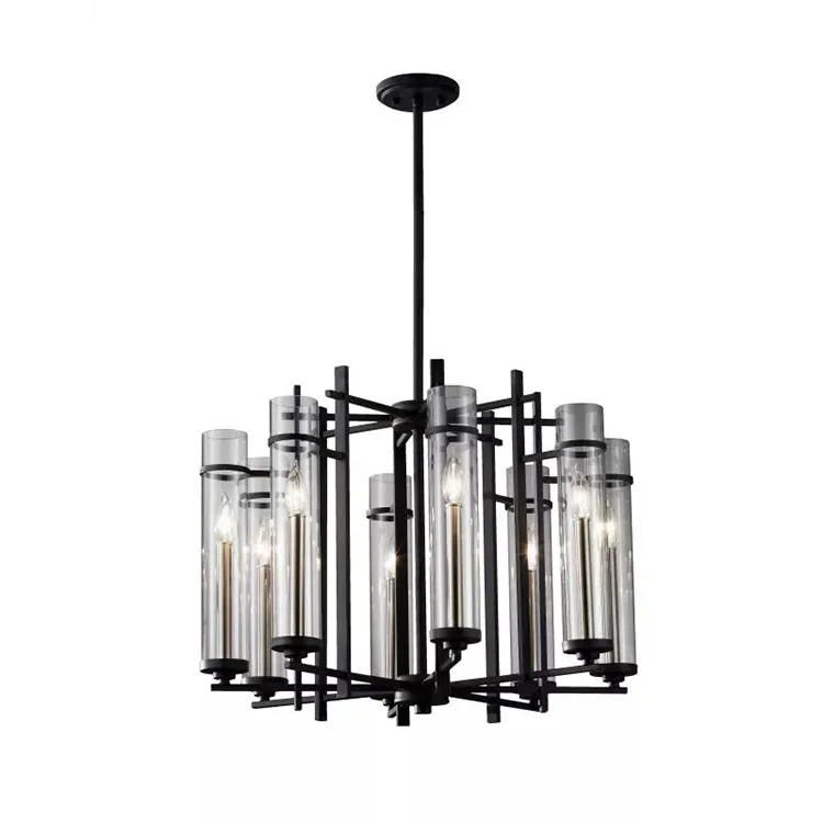 2022 New Modern Decorative Hotel  Project Metal Glass Shade Vintage Black Chandelier Pendant Lamp