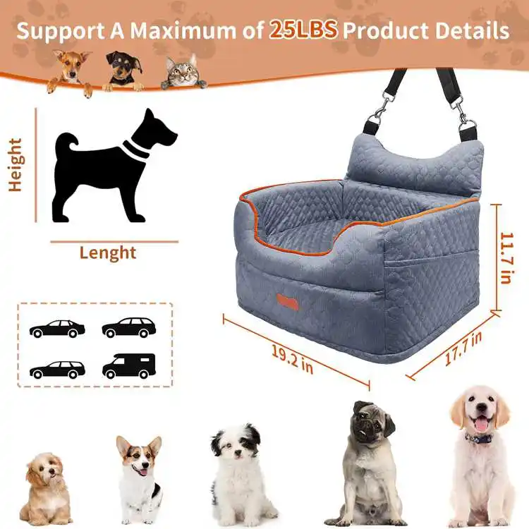 Gray Dog Car Seat Carry Bed Portable Pet Dog Waterproof Booster With Safety Leash