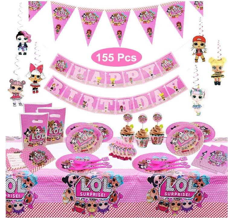 LOL Doll Children Cartoon Paper Cup Paper Plate Tablecloth Straw Balloon Birthday Party Decoration Tableware Set