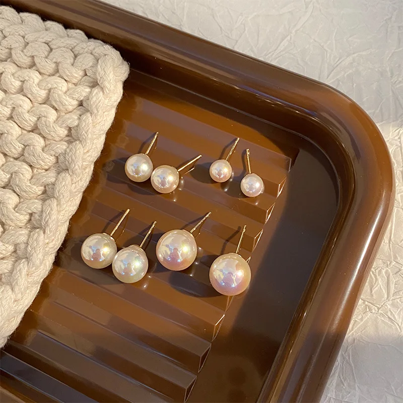 Mermaid Color Pearl Earrings Round Pearl Ball Silver Needle 8mm 10mm 12mm 14mm Stud Earrings Women