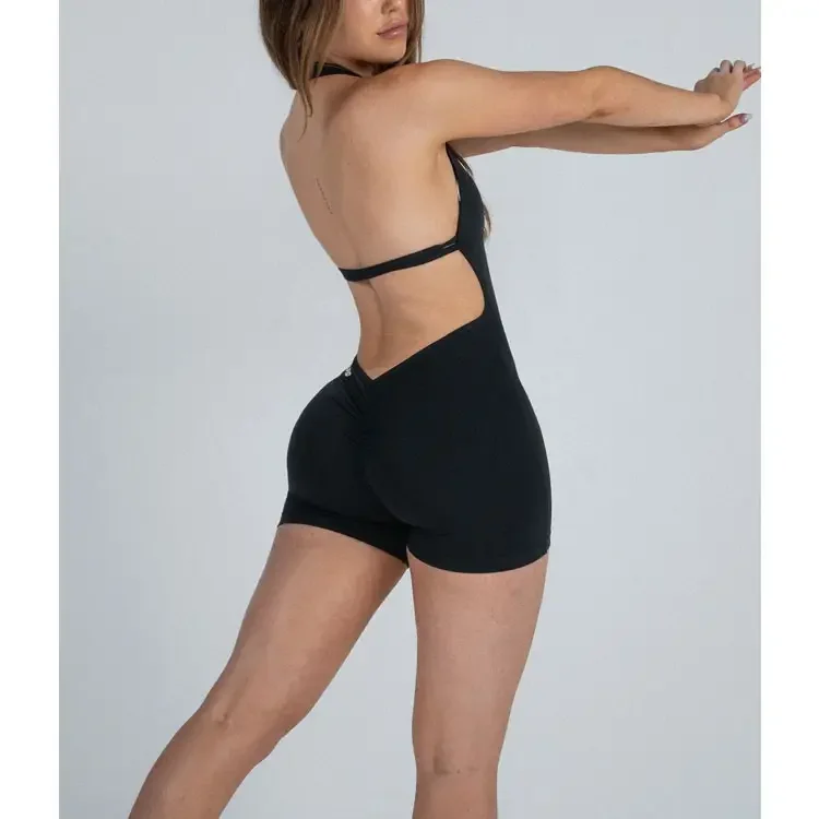 Custom Sexy Fashion Premium Nylon Spandex Scrunch Butt Shorts Set Jumpsuit Women Workout V Open Back Yoga Bodysuit