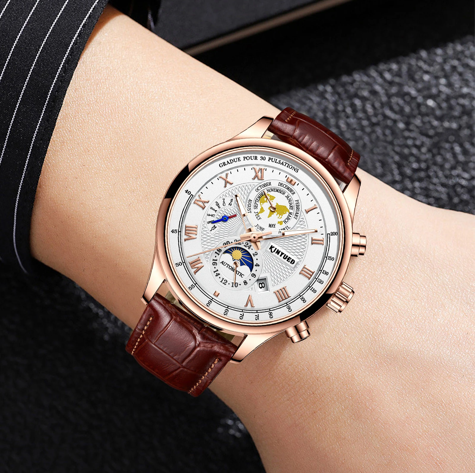 KINYUED Skeleton Watches Mechanical Automatic Watch Men Tourbillon Sport Clock Casual Business Moon Wrist Watch Relojes Hombre