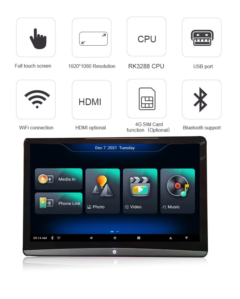 13.3 inch 1920*1080 touch screen car headrest monitor player with usb wifi android car headrest monitor