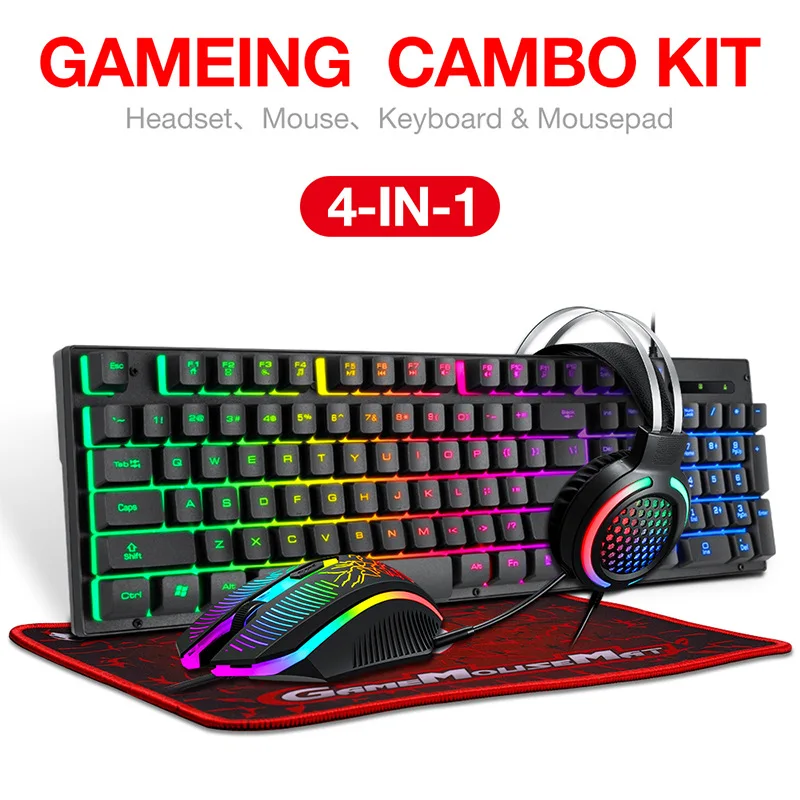 Thunder Wolf TF400 Game Four-piece Luminous Game Set Keyboard Mouse Headset RGB Key Mouse Computer Accessories